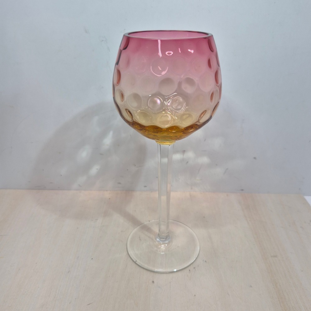 Pink Amber Ombre Thumbprint Wine Glass Faceted Stem Art Glass Barware